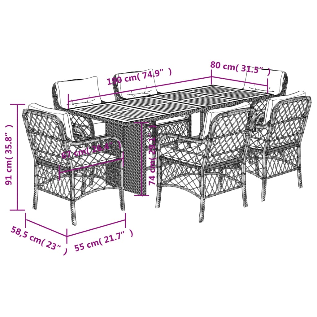 vidaXL 7-tlg. Garten-Essgruppe mit Kissen Beige Poly Rattan