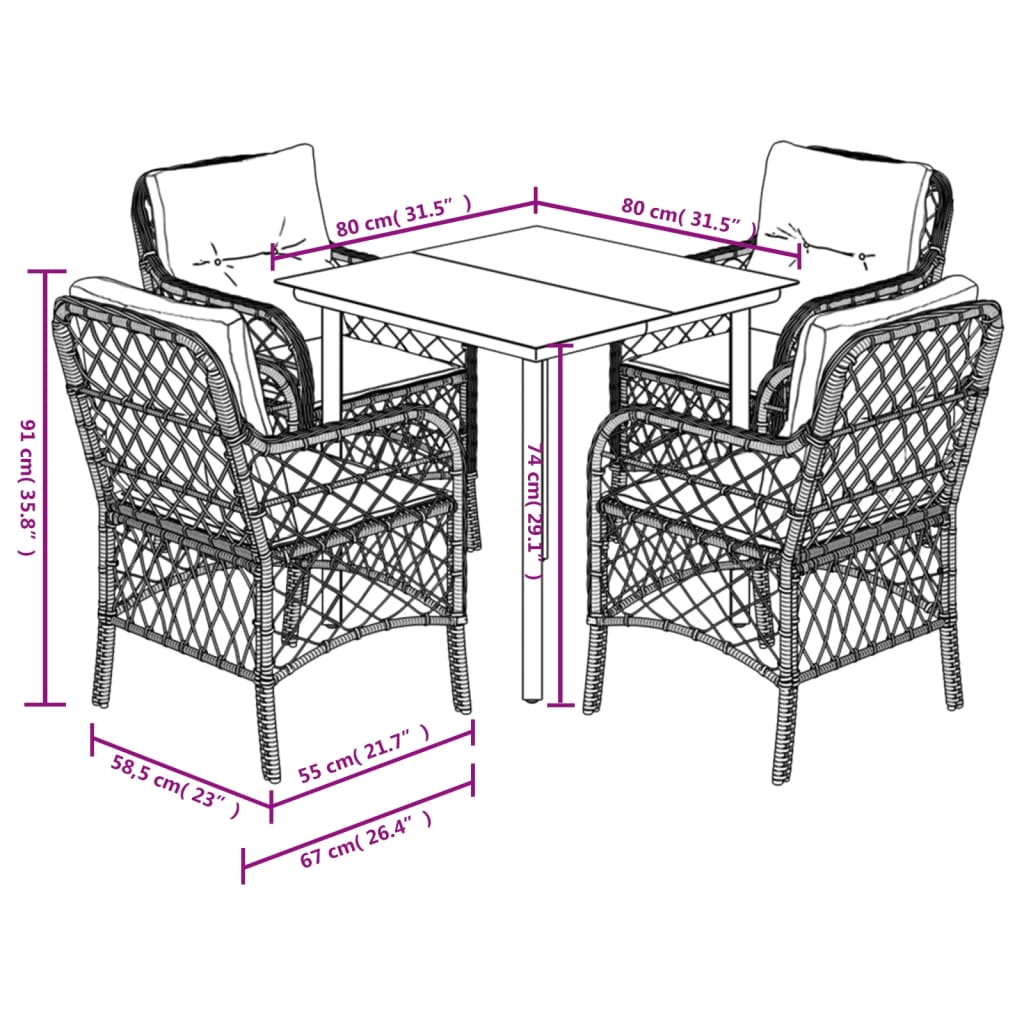 vidaXL 5-tlg. Garten-Essgruppe mit Kissen Schwarz Poly Rattan