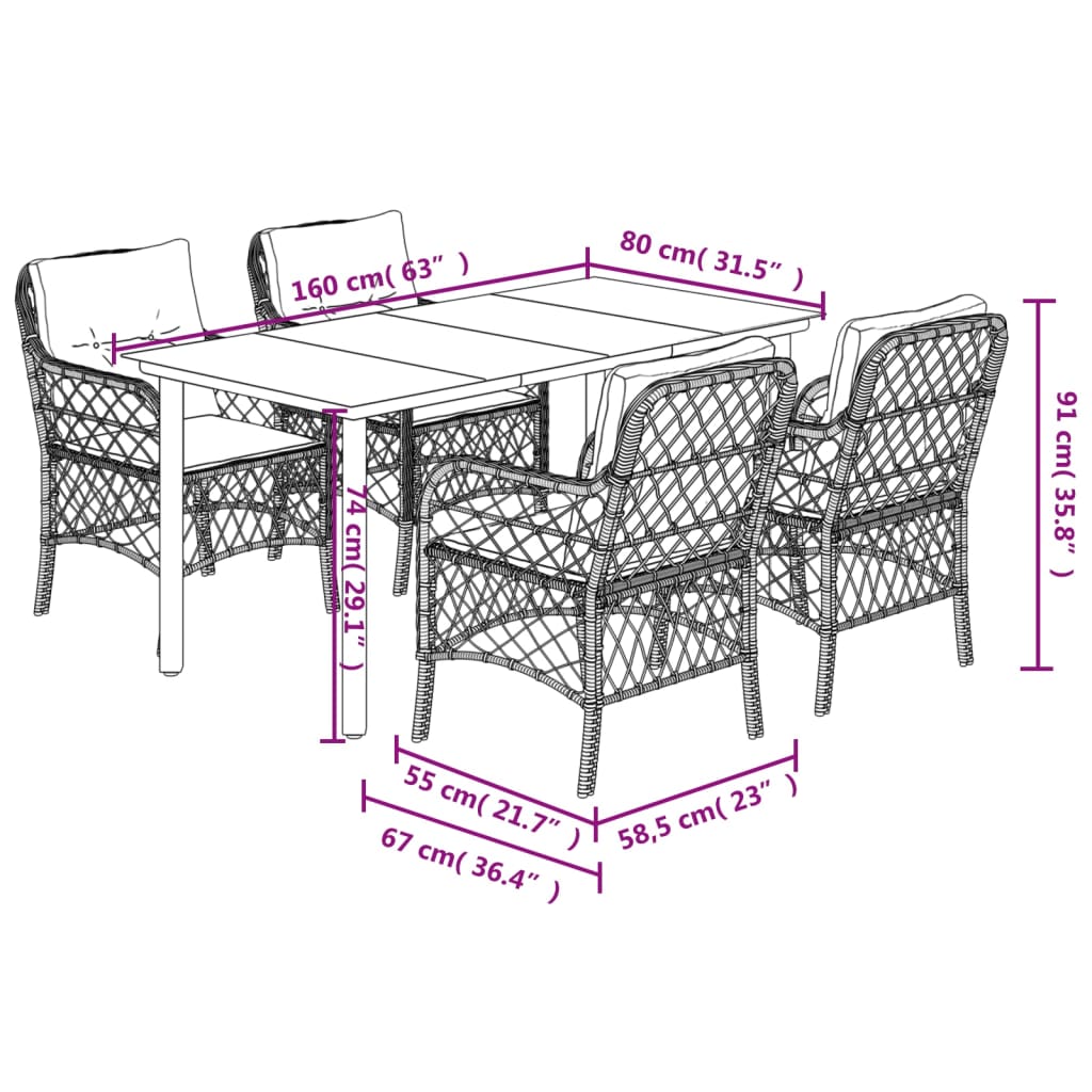 vidaXL 5-tlg. Garten-Essgruppe mit Kissen Schwarz Poly Rattan