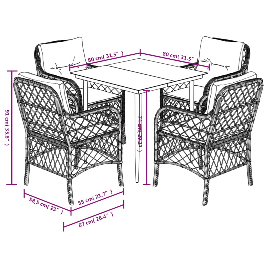 vidaXL Ensemble repas de jardin 5 pcs avec coussins résine tressée marron