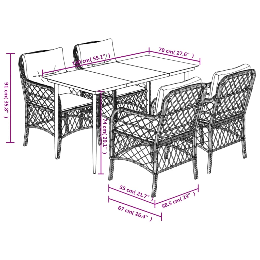 vidaXL 5-tlg. Garten-Essgruppe mit Kissen Grau Poly Rattan