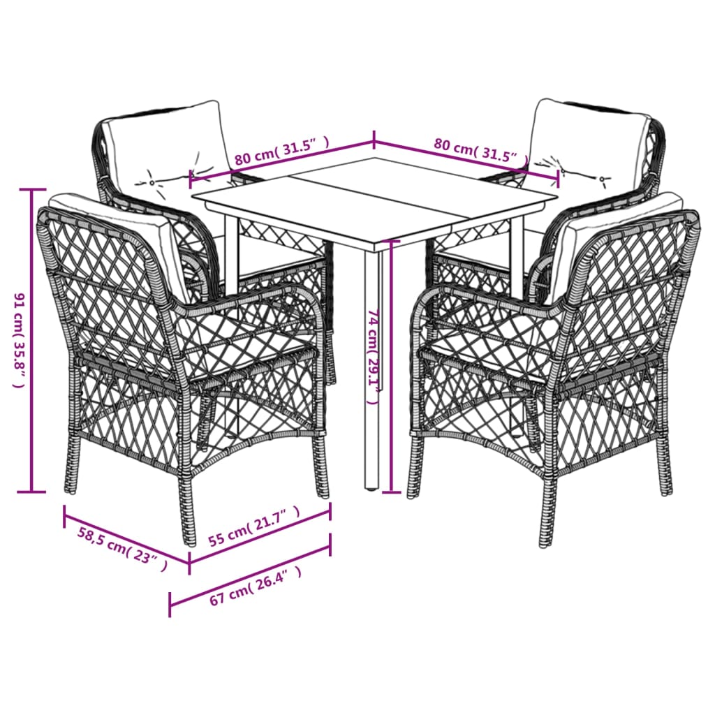 vidaXL 5-tlg. Garten-Essgruppe mit Kissen Grau Poly Rattan