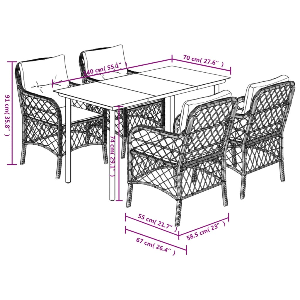 vidaXL 5-tlg. Garten-Essgruppe mit Kissen Grau Poly Rattan