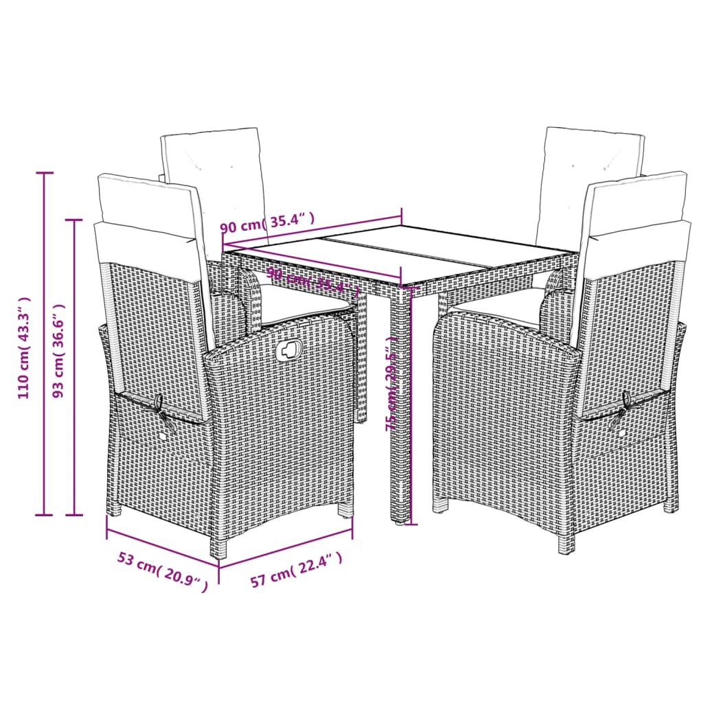 vidaXL 5-tlg. Garten-Essgruppe mit Kissen Schwarz Poly Rattan