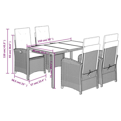 vidaXL 5-tlg. Garten-Essgruppe mit Kissen Grau Poly Rattan