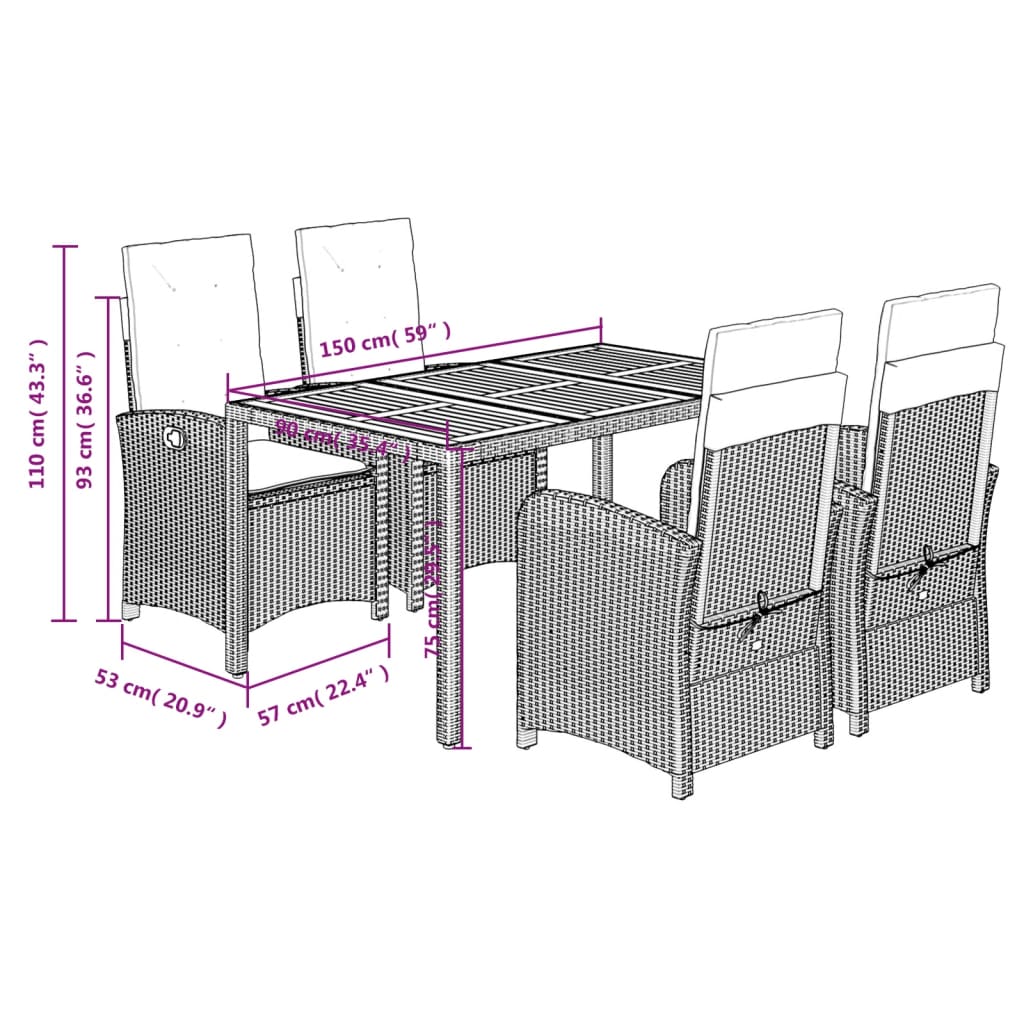 vidaXL 5-tlg. Garten-Essgruppe mit Kissen Grau Poly Rattan