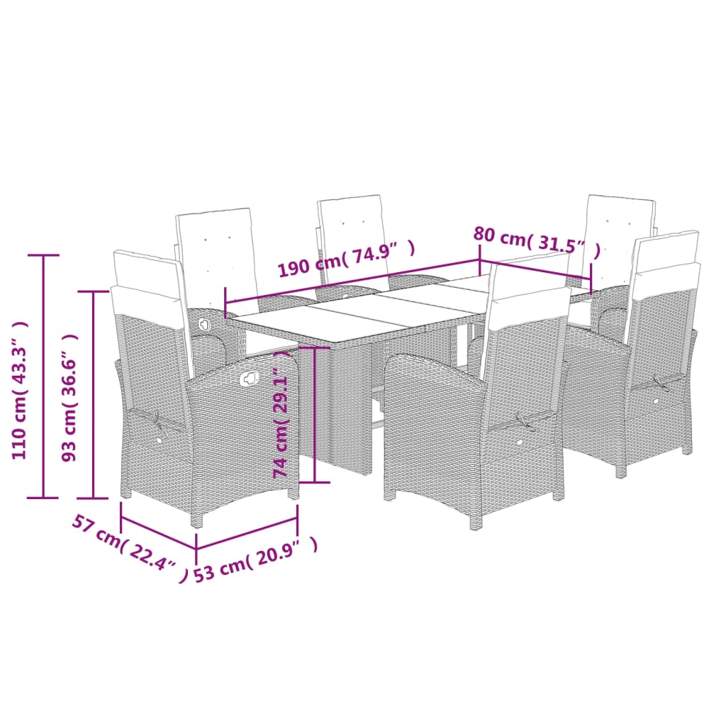 vidaXL 7-tlg. Garten-Essgruppe mit Kissen Braun Poly Rattan