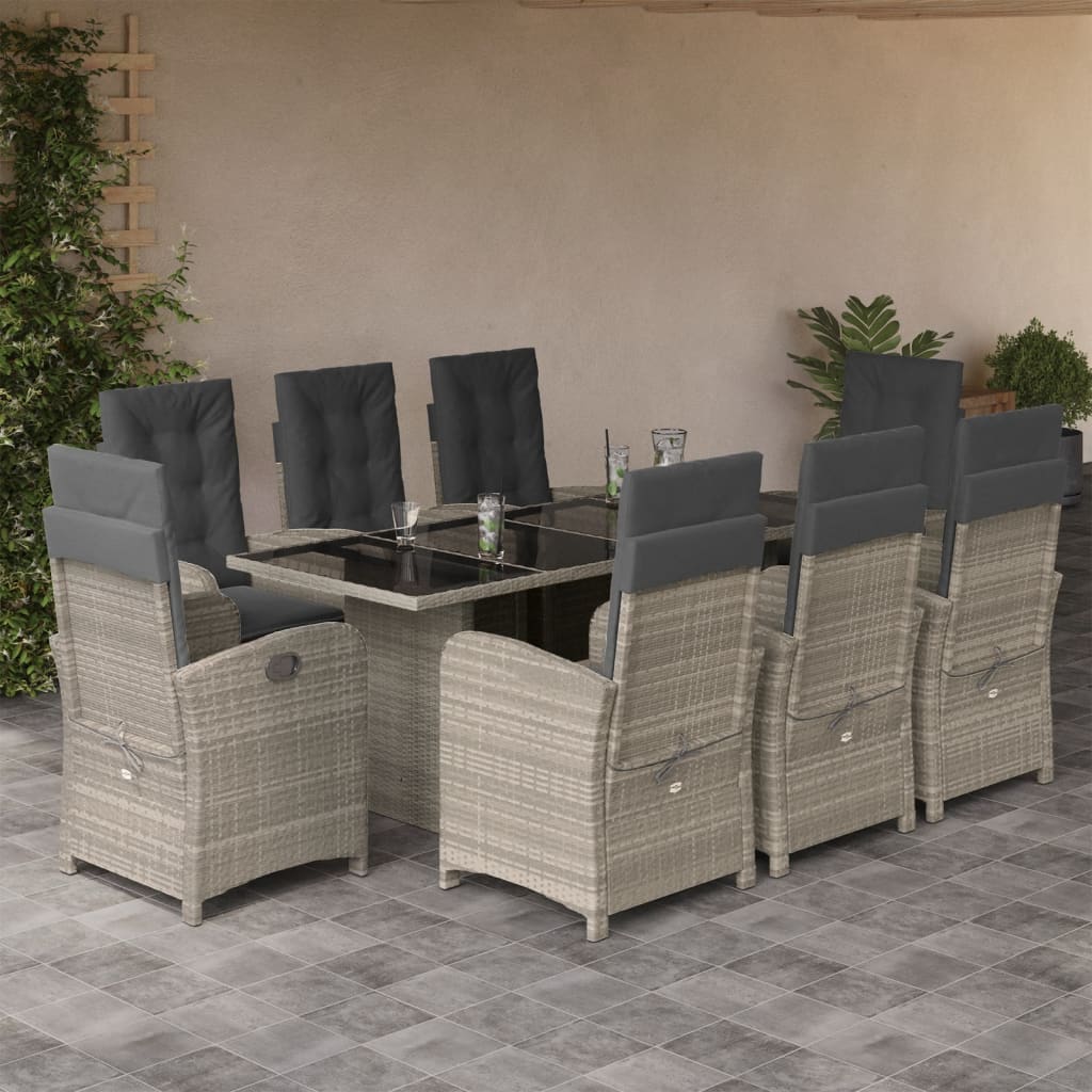 vidaXL 9-tlg. Garten-Essgruppe mit Kissen Hellgrau Poly Rattan