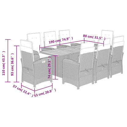 vidaXL Ensemble de salle à manger de jardin 9 pcs avec coussins Noir Résine tressée