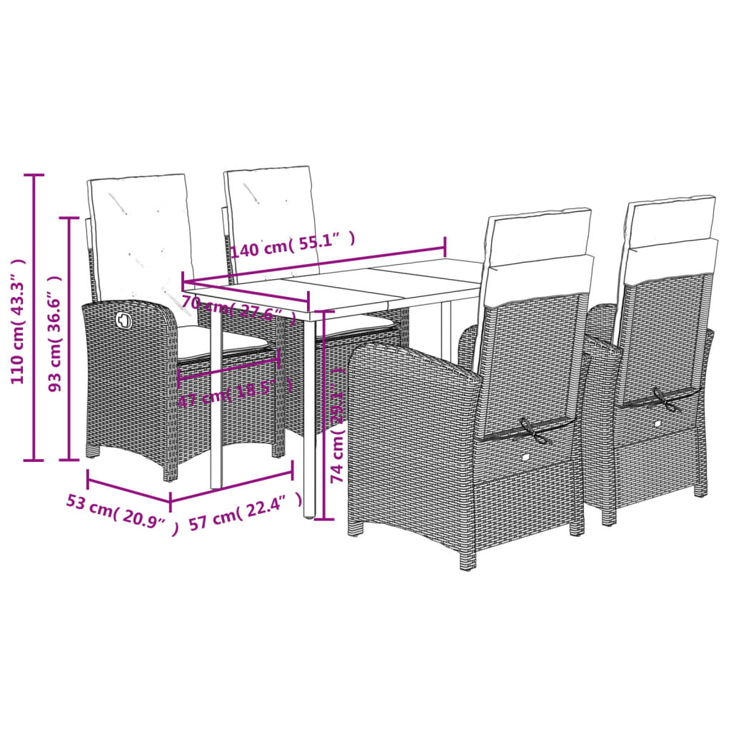 vidaXL 5-tlg. Garten-Essgruppe mit Kissen Hellgrau Poly Rattan