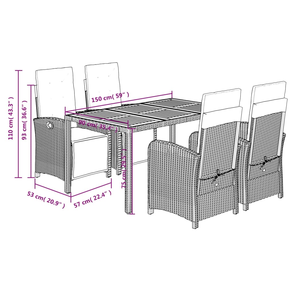 vidaXL 5-tlg. Garten-Essgruppe mit Kissen Schwarz Poly Rattan
