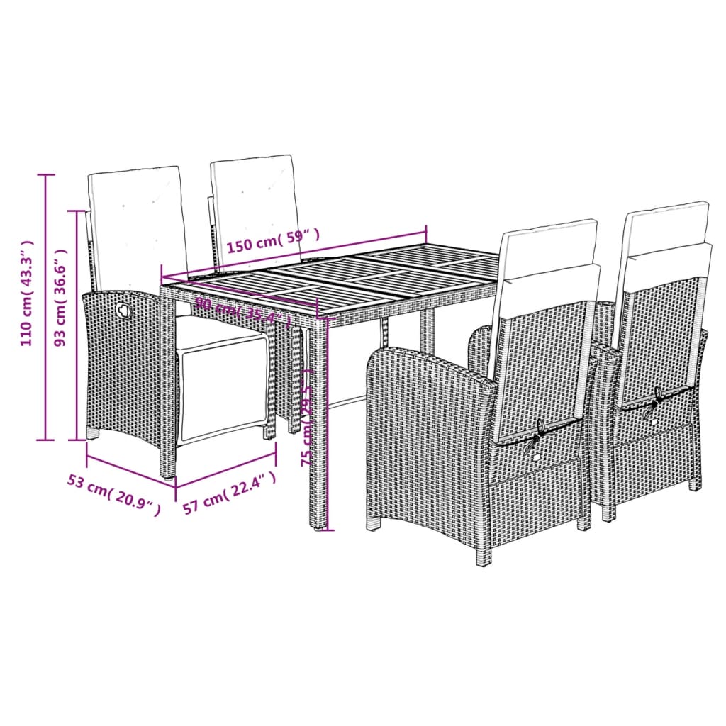 vidaXL 5-tlg. Garten-Essgruppe mit Kissen Schwarz Poly Rattan