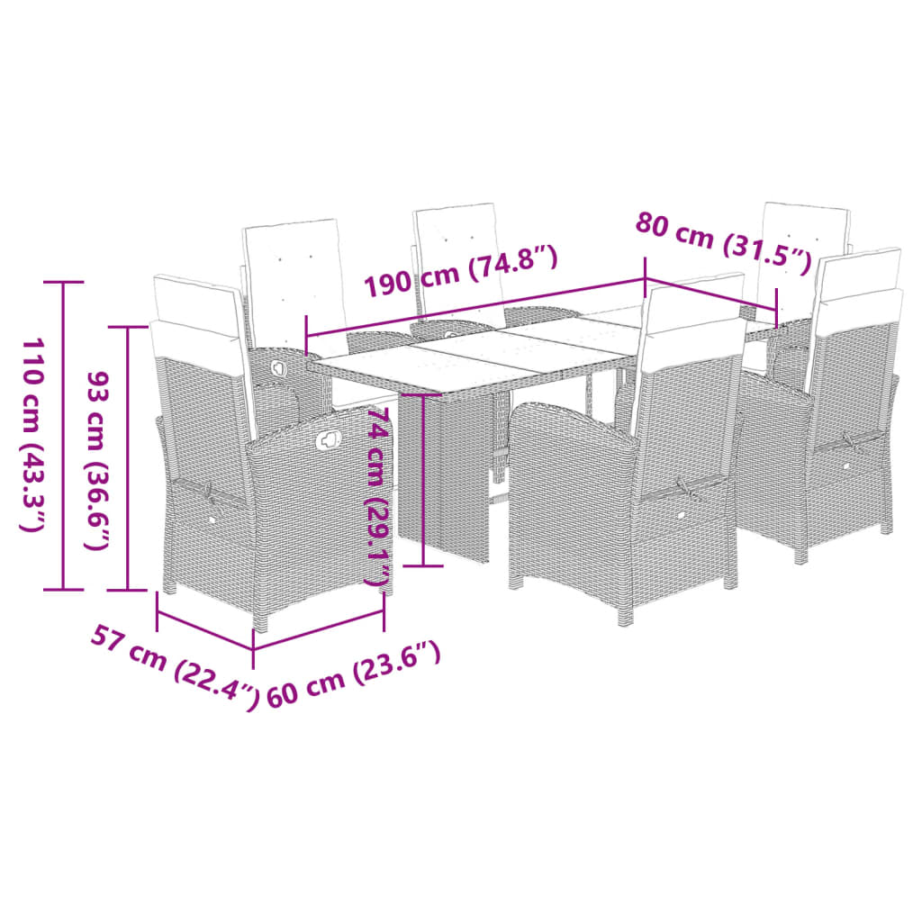 vidaXL 7-tlg. Garten-Essgruppe mit Kissen Beige Poly Rattan