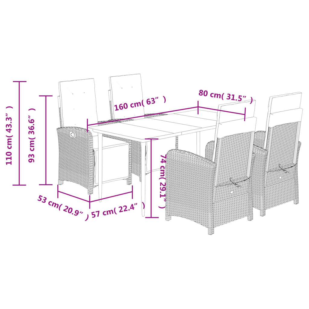 vidaXL 5-tlg. Garten-Essgruppe mit Kissen Grau Poly Rattan