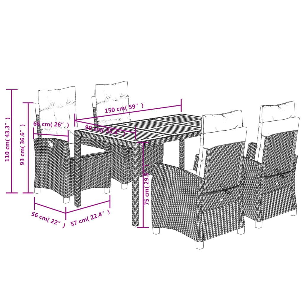 vidaXL 5-tlg. Garten-Essgruppe mit Kissen Schwarz Poly Rattan