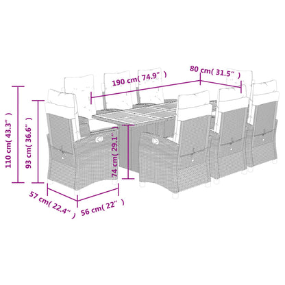 vidaXL 9-tlg. Garten-Essgruppe mit Kissen Schwarz Poly Rattan