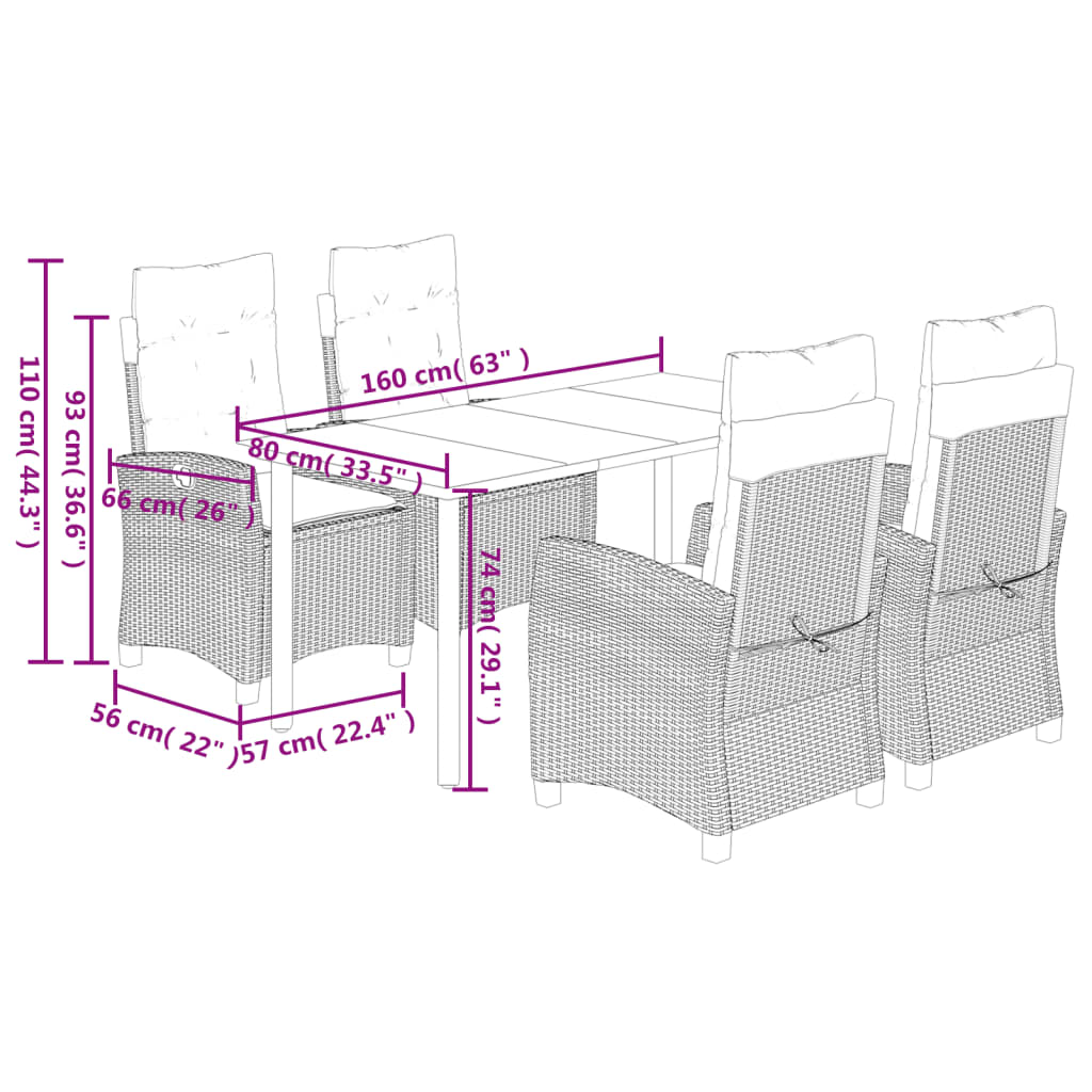 vidaXL 5-tlg. Garten-Essgruppe mit Kissen Schwarz Poly Rattan
