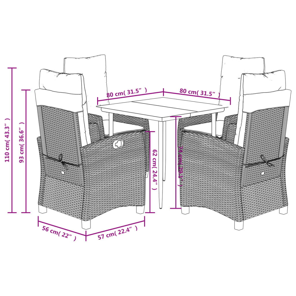 vidaXL Ensemble repas de jardin 5 pcs avec coussins résine tressée marron