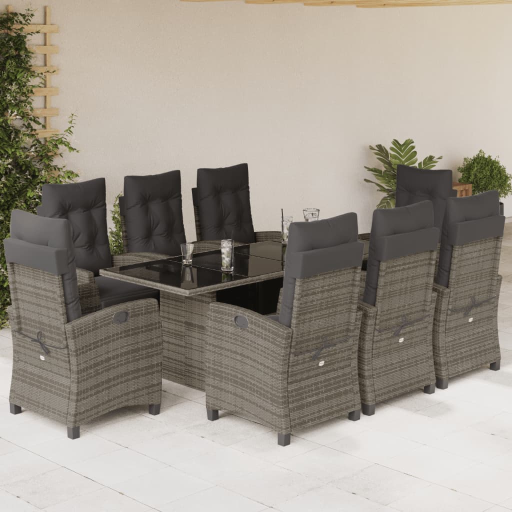 vidaXL 9-tlg. Garten-Essgruppe mit Kissen Grau Poly Rattan