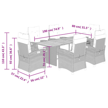 vidaXL 7-tlg. Garten-Essgruppe mit Kissen Grau Poly Rattan