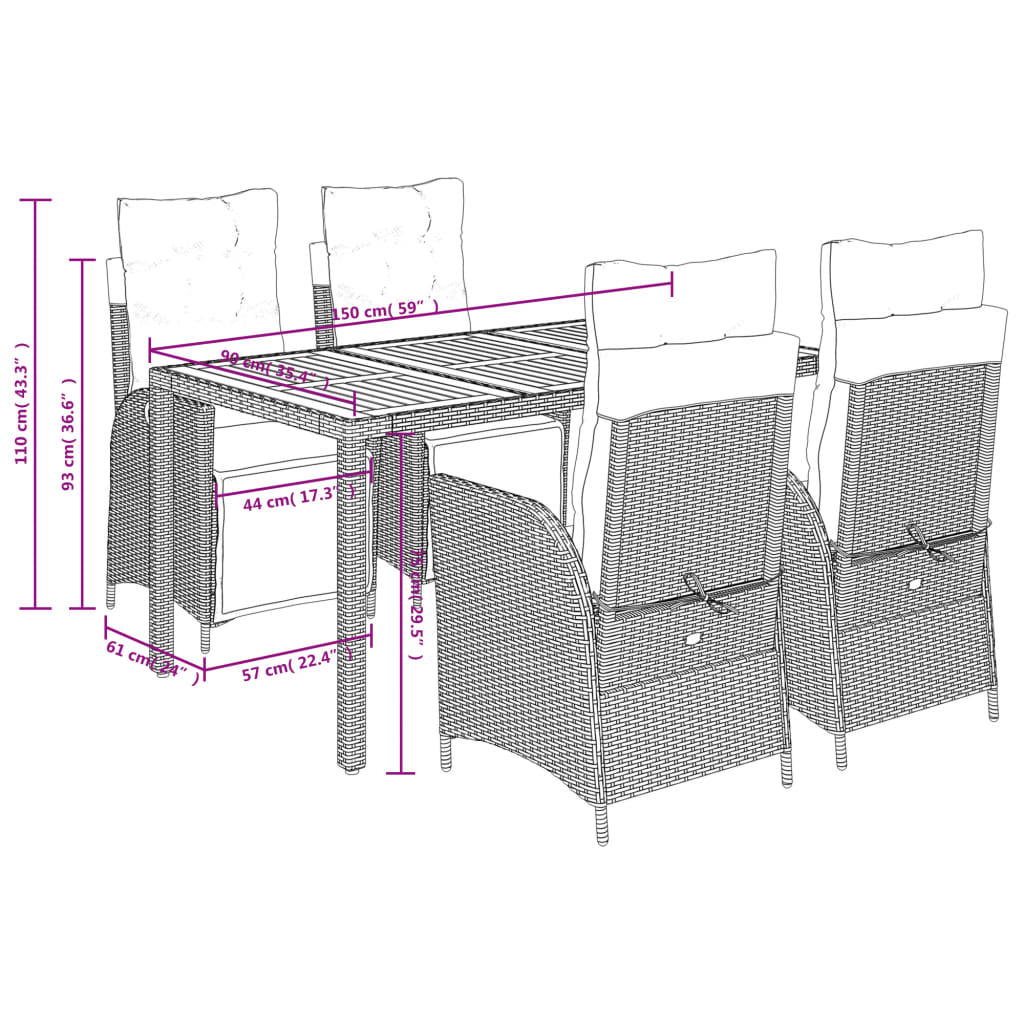 vidaXL 5-tlg. Garten-Essgruppe mit Kissen Schwarz Poly Rattan