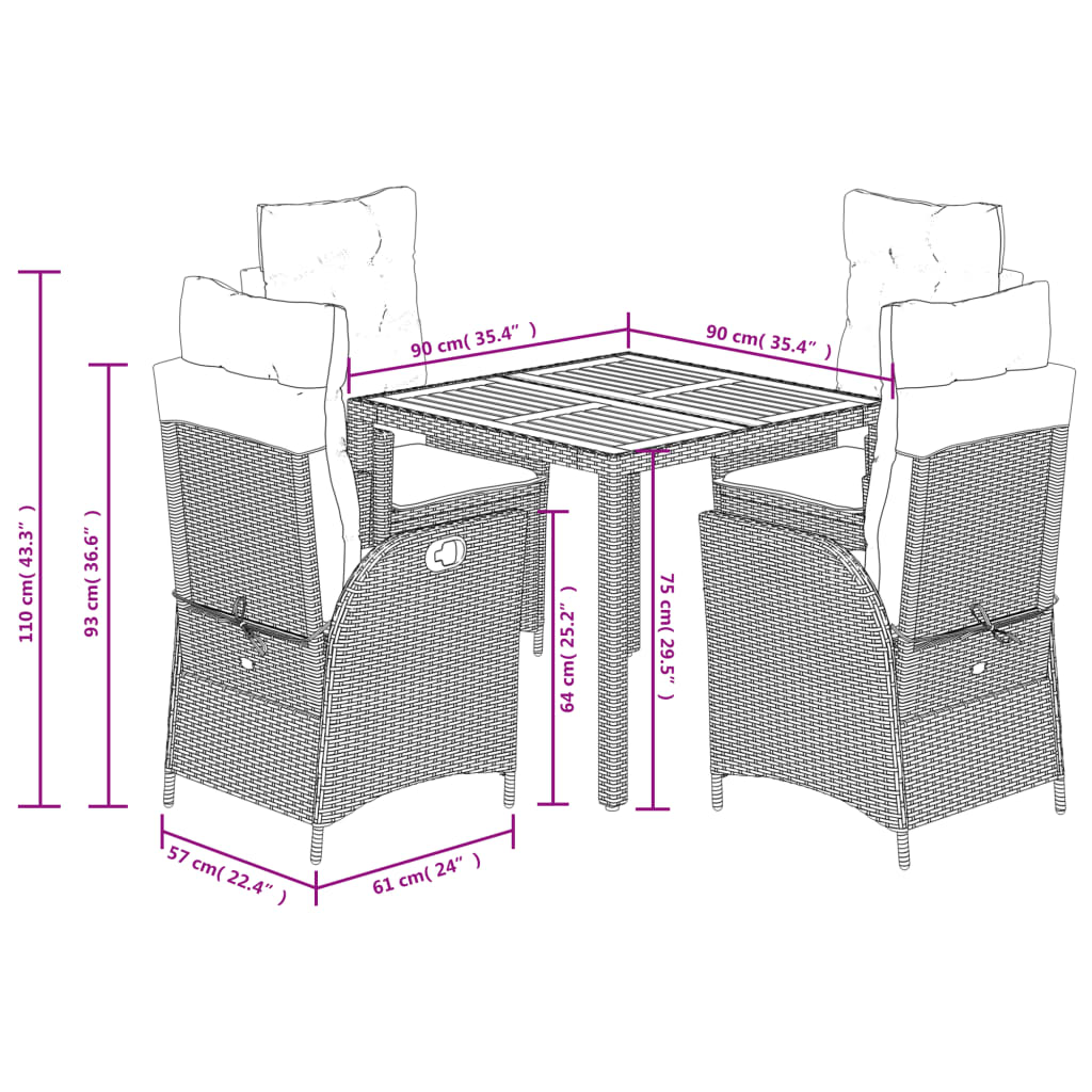 vidaXL 5-tlg. Garten-Essgruppe mit Kissen Grau Poly Rattan