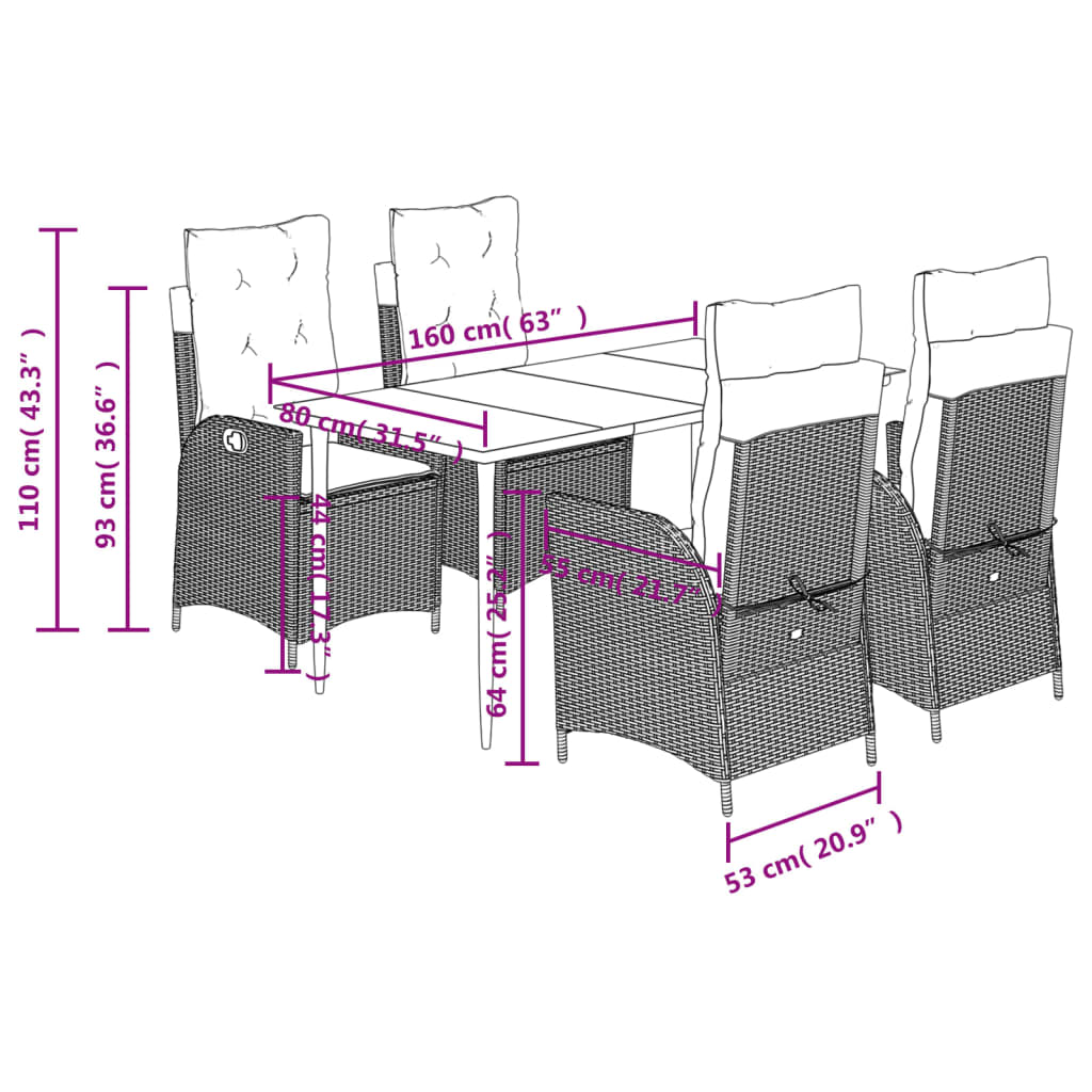 vidaXL 5-tlg. Garten-Essgruppe mit Kissen Schwarz Poly Rattan
