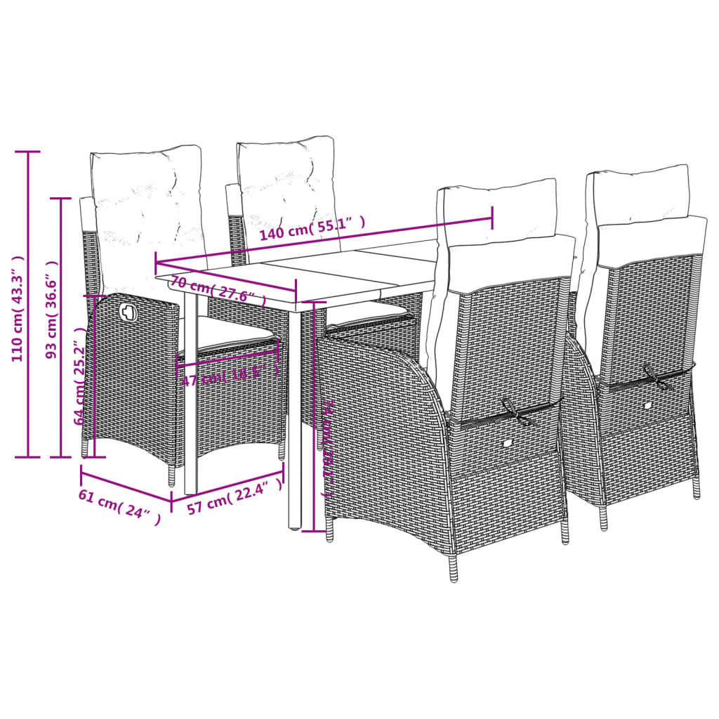 vidaXL 5-tlg. Garten-Essgruppe mit Kissen Schwarz Poly Rattan