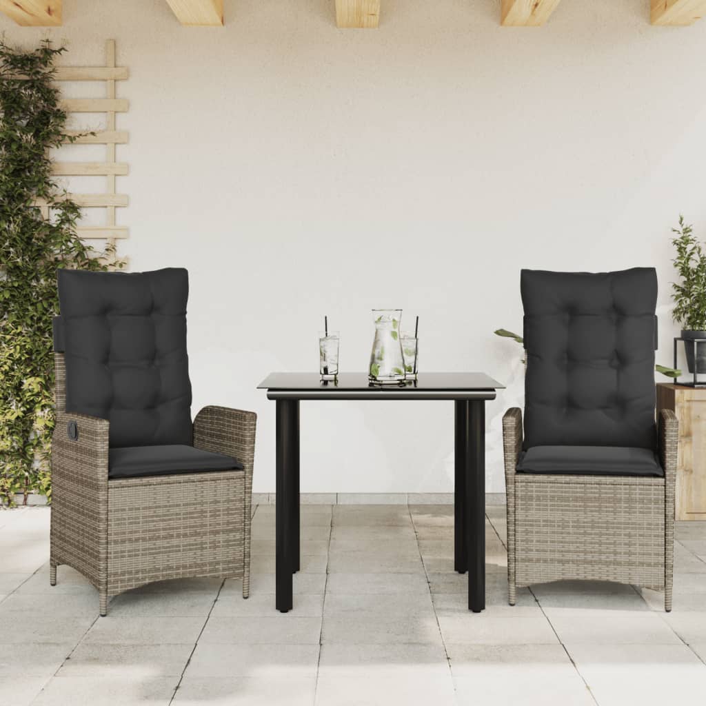 3-tlg. Garten-Essgruppe mit Kissen Grau Poly Rattan