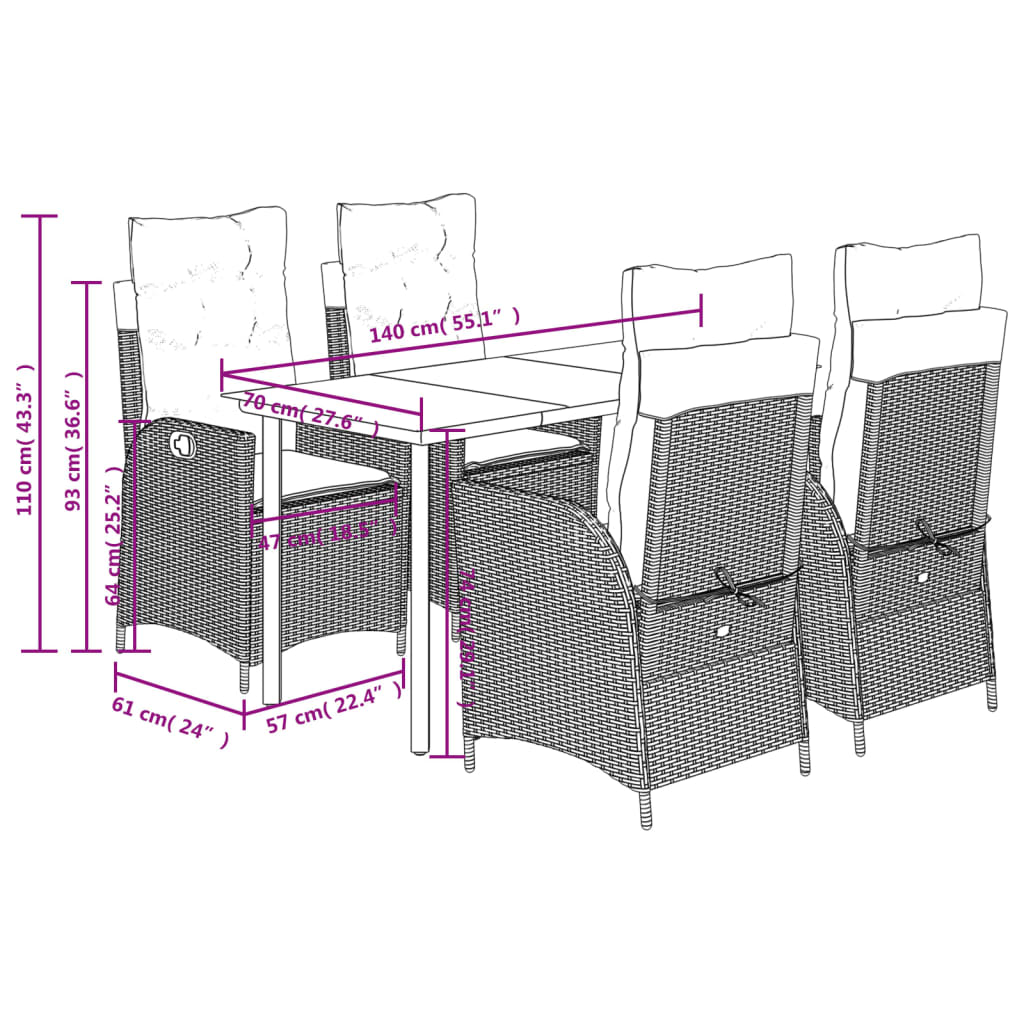 vidaXL 5-tlg. Garten-Essgruppe mit Kissen Grau Poly Rattan