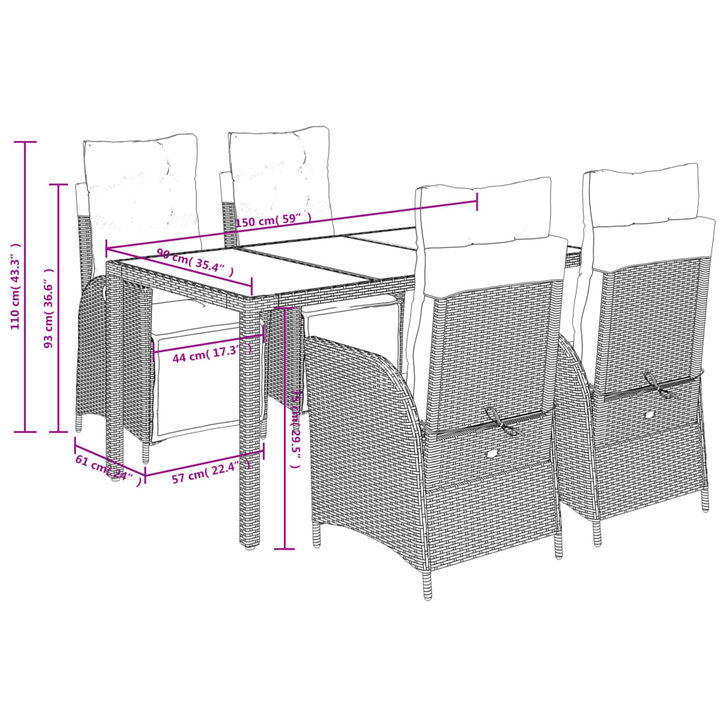 vidaXL 5-tlg. Garten-Essgruppe mit Kissen Schwarz Poly Rattan