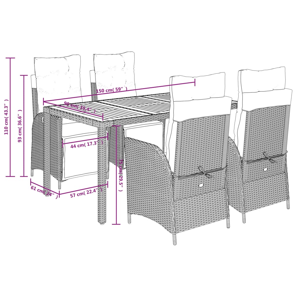 vidaXL 5-tlg. Garten-Essgruppe mit Kissen Grau Poly Rattan