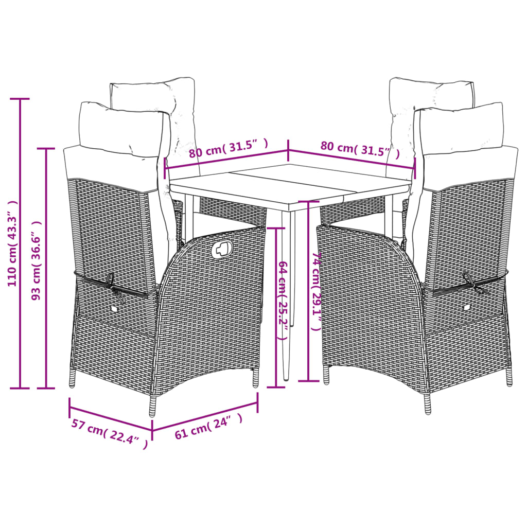 vidaXL 5-tlg. Garten-Essgruppe mit Kissen Schwarz Poly Rattan