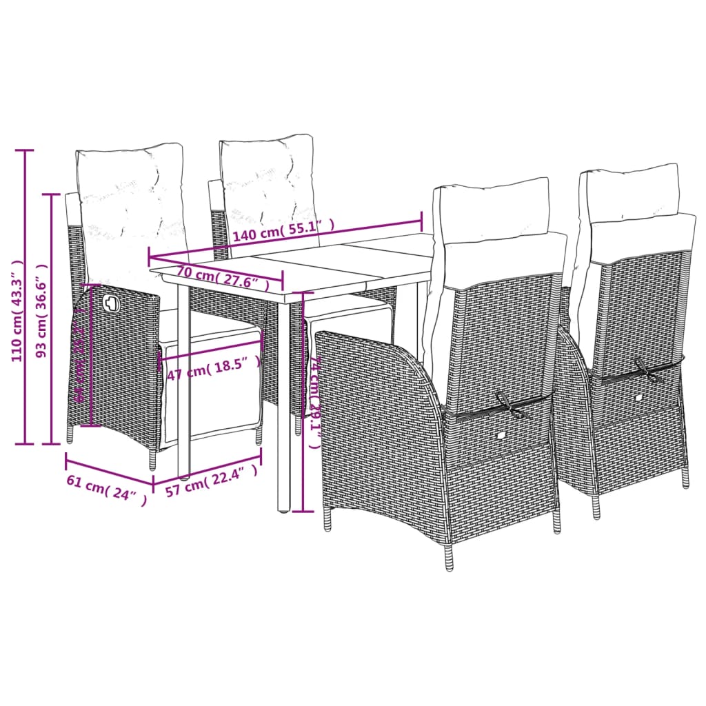 vidaXL 5-tlg. Garten-Essgruppe mit Kissen Hellgrau Poly Rattan