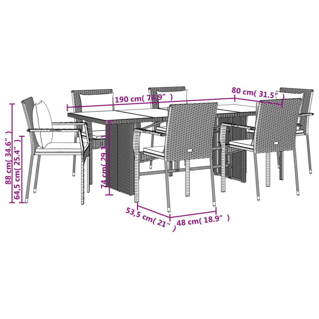 vidaXL Ensemble de salle à manger de jardin 7 pièces avec coussins en résine tressée noire
