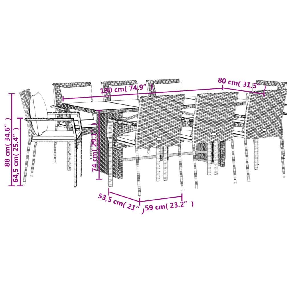 vidaXL 9-tlg. Garten-Essgruppe mit Kissen Schwarz Poly Rattan