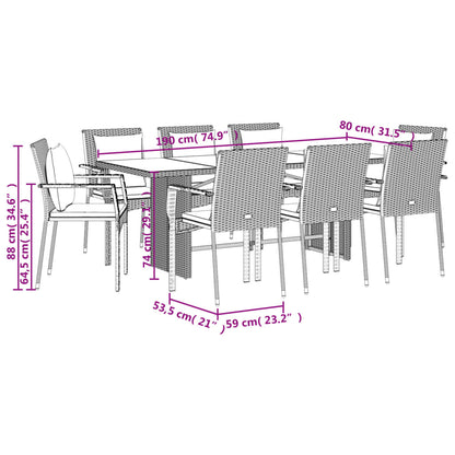 vidaXL 9-tlg. Garten-Essgruppe mit Kissen Schwarz Poly Rattan