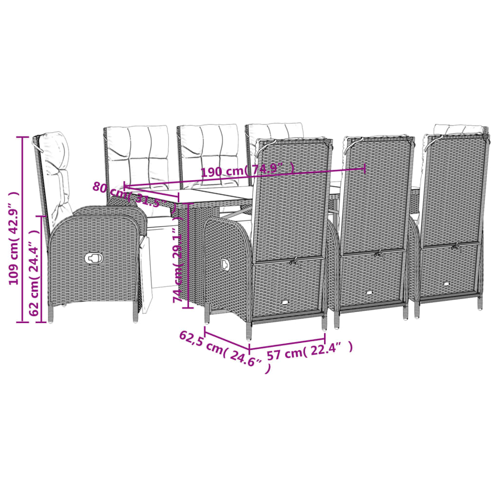 vidaXL 9-tlg. Garten-Essgruppe mit Kissen Schwarz Poly Rattan