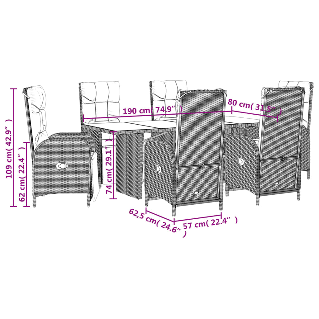 vidaXL 7-tlg. Garten-Essgruppe mit Kissen Grau Poly Rattan