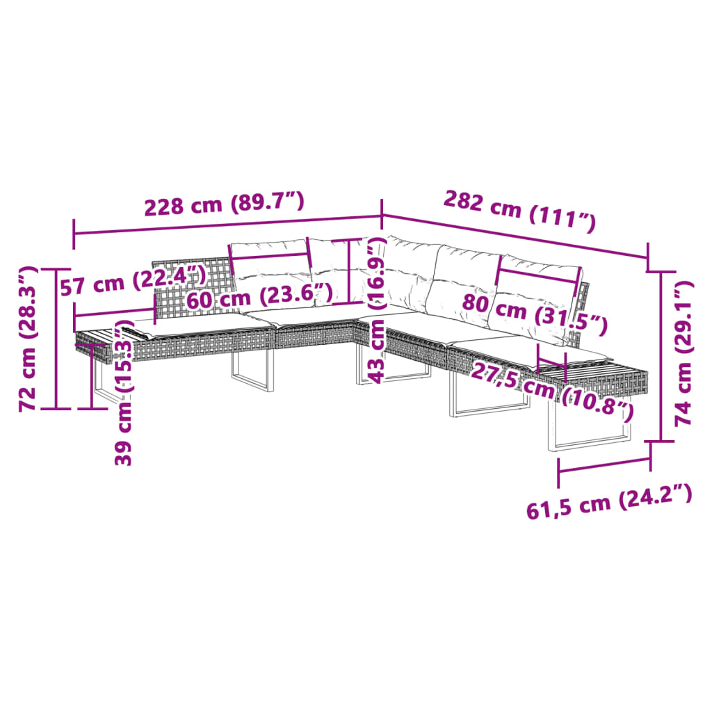 vidaXL Gartensofa in L-Form mit Kissen Schwarz Poly Rattan und Akazie