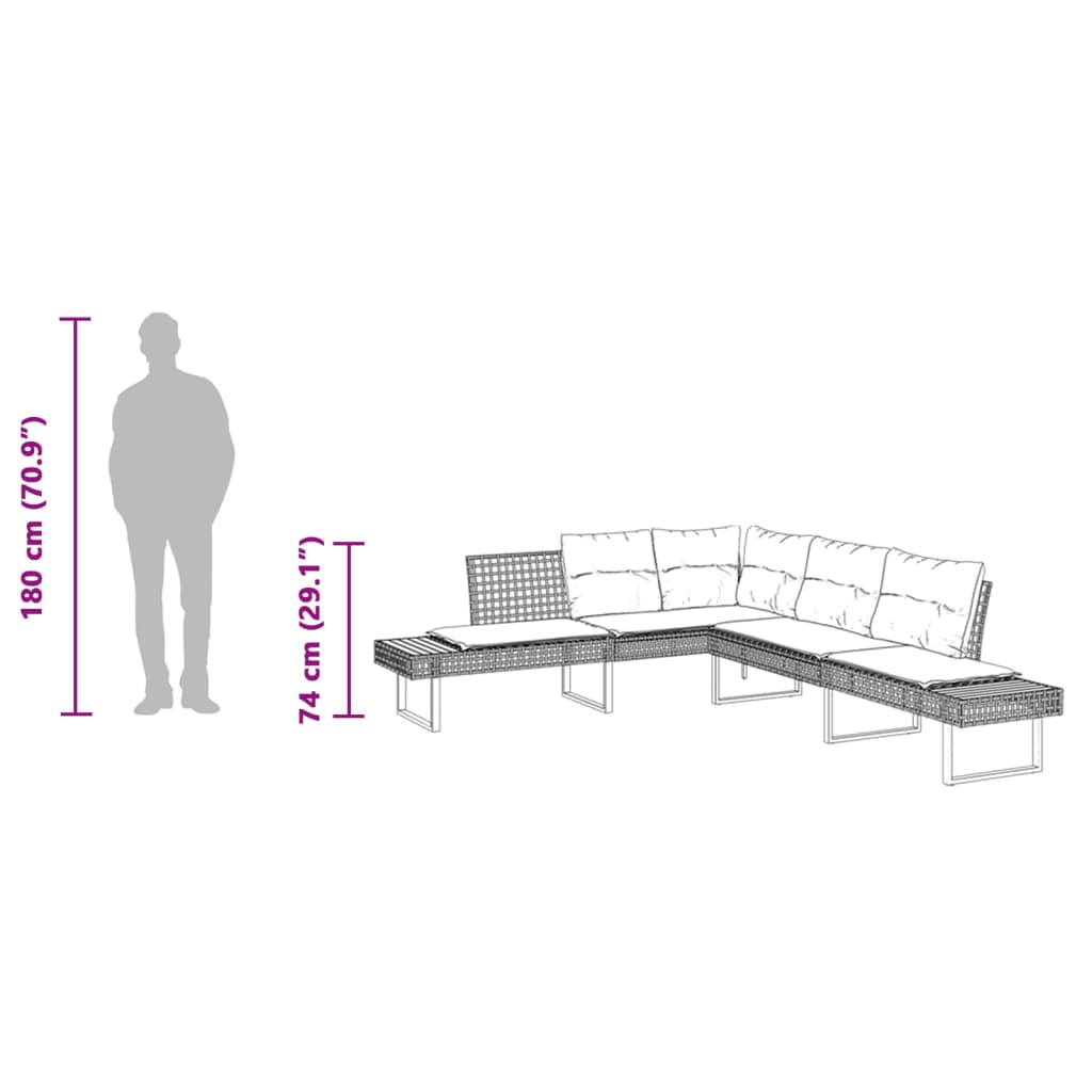 vidaXL Gartensofa in L-Form mit Kissen Schwarz Poly Rattan und Akazie