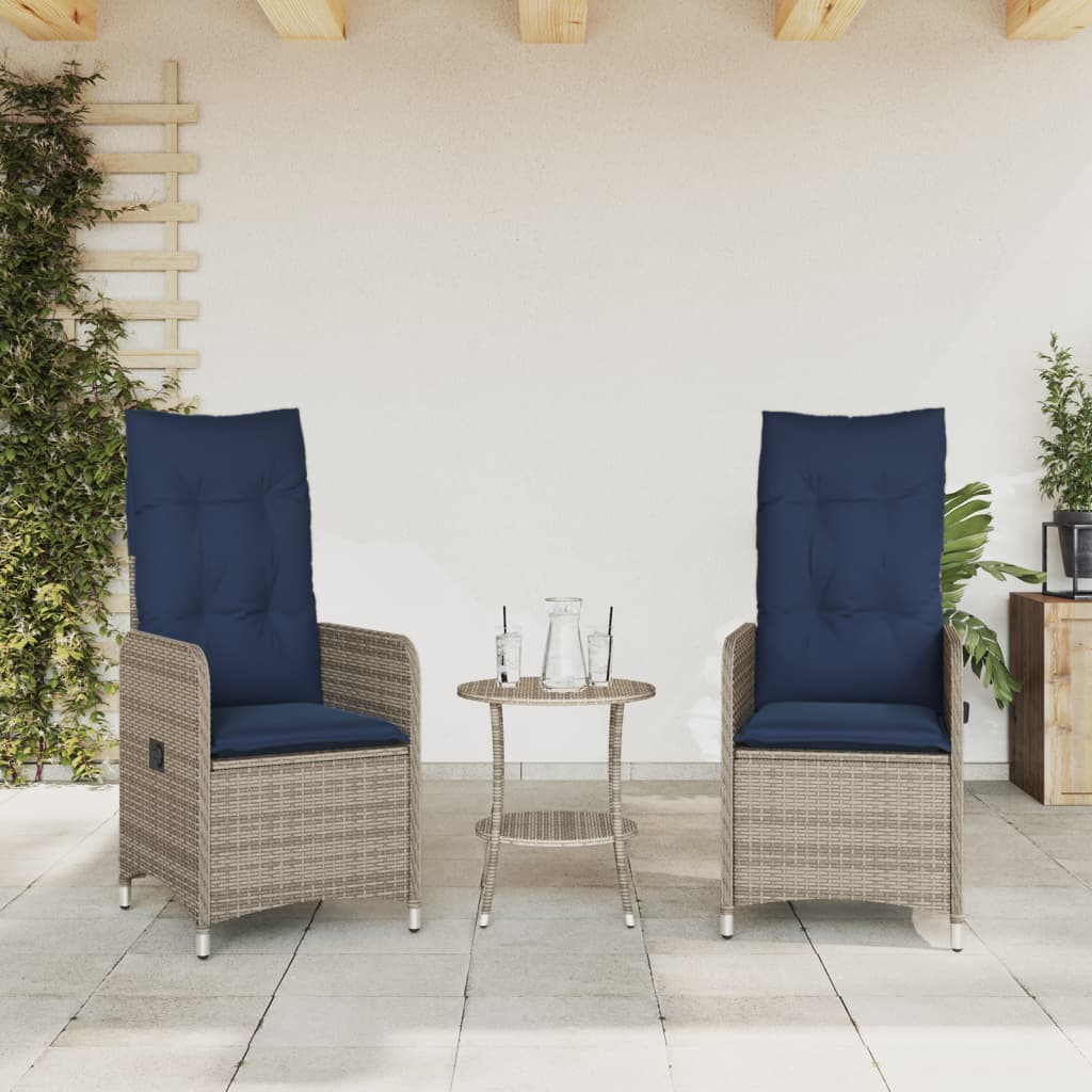 vidaXL Gartenstühle Verstellbar 2 Stk. mit Kissen Grau Poly Rattan