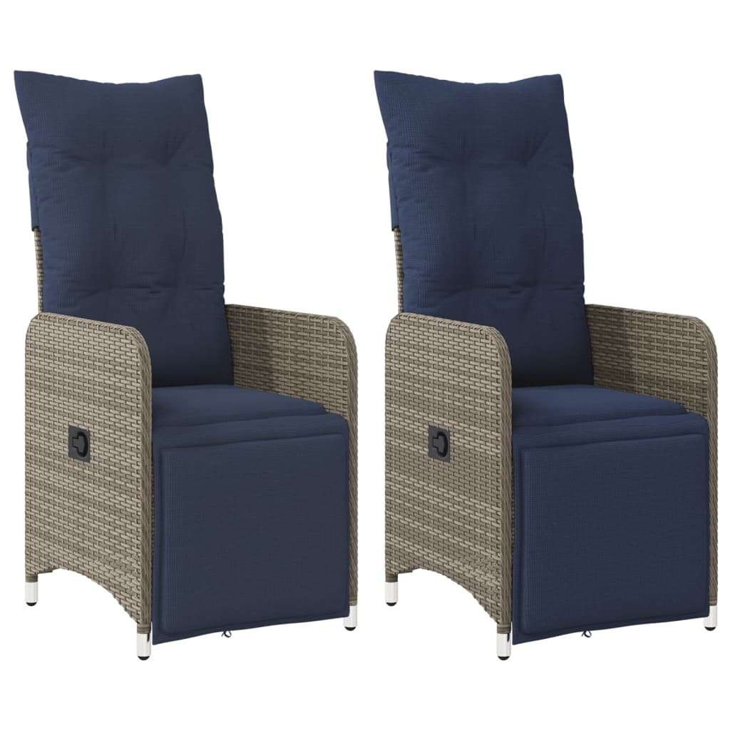 vidaXL Gartenstühle Verstellbar 2 Stk. mit Kissen Grau Poly Rattan