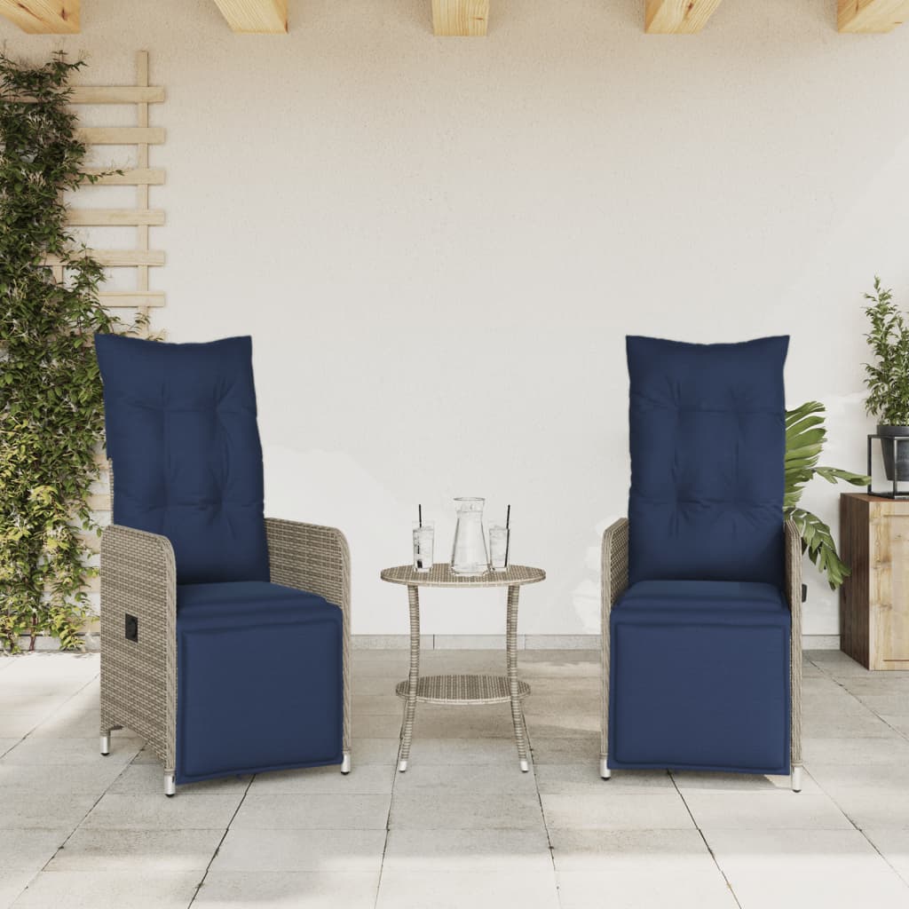 vidaXL Gartenstühle Verstellbar 2 Stk. mit Kissen Grau Poly Rattan