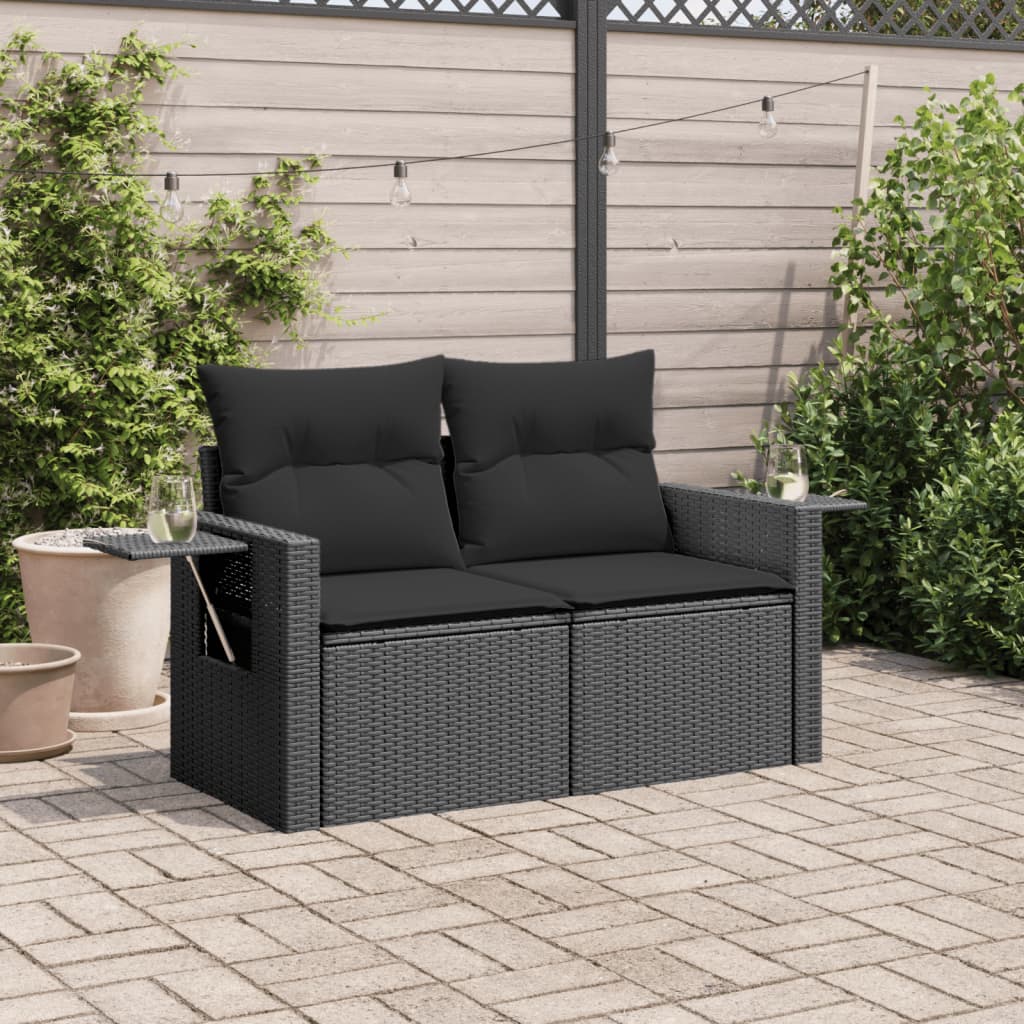 vidaXL Canapé de jardin 2 places avec coussins résine tressée noir