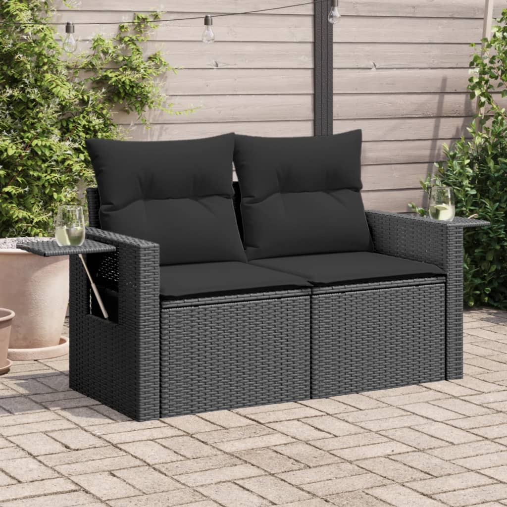 vidaXL Canapé de jardin 2 places avec coussins résine tressée noir