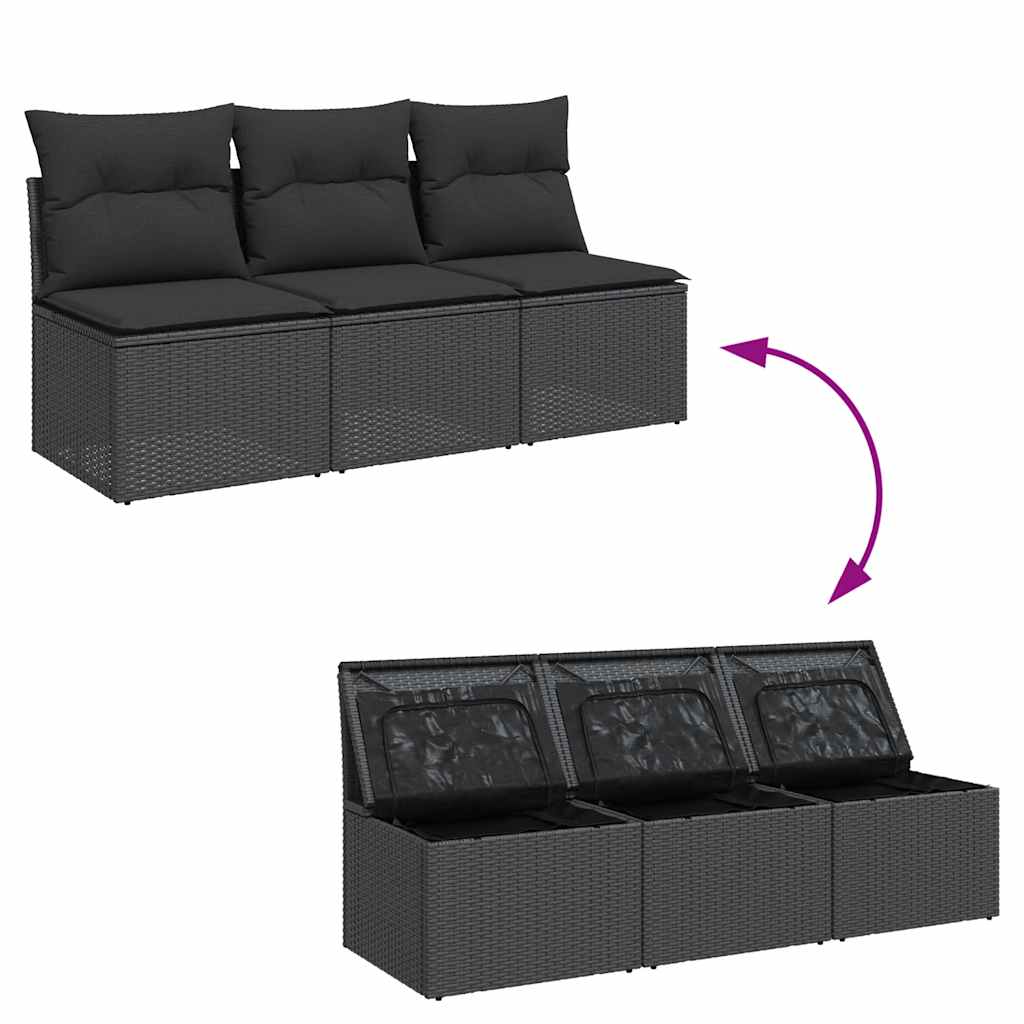 vidaXL Gartensofa mit Kissen 3-Sitzer Schwarz Poly Rattan
