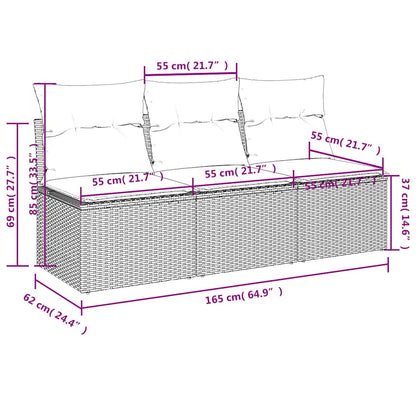 vidaXL Gartensofa mit Kissen 3-Sitzer Schwarz Poly Rattan