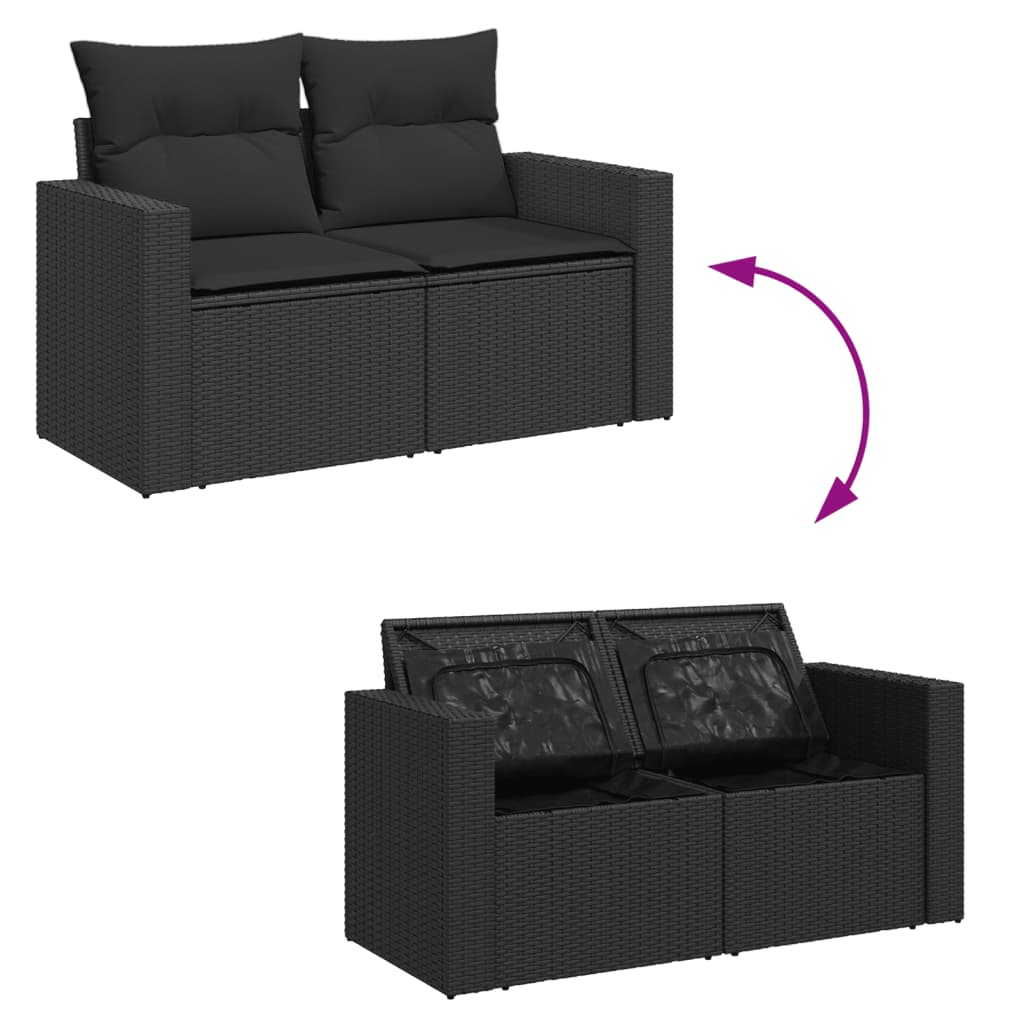 vidaXL Gartensofa mit Kissen 2-Sitzer Schwarz Poly Rattan