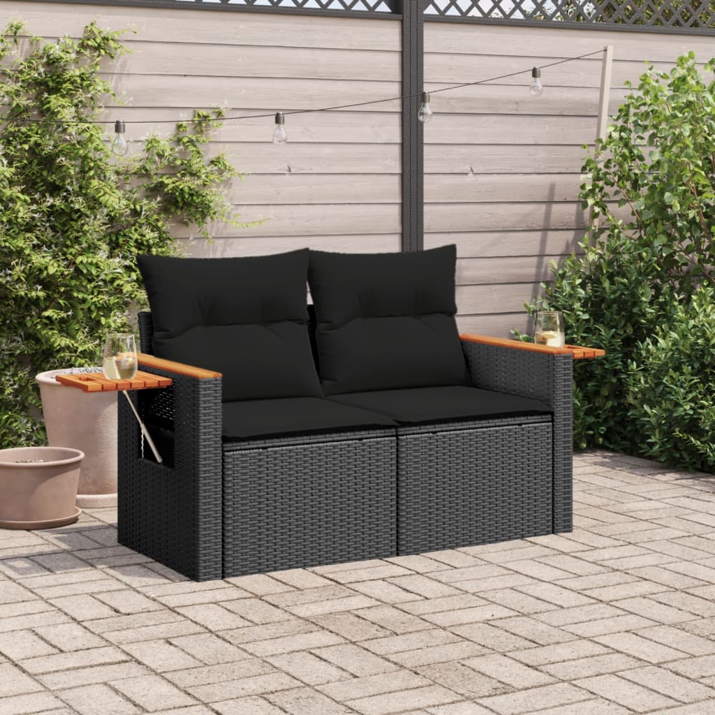 vidaXL Canapé de jardin 2 places avec coussins résine tressée noir